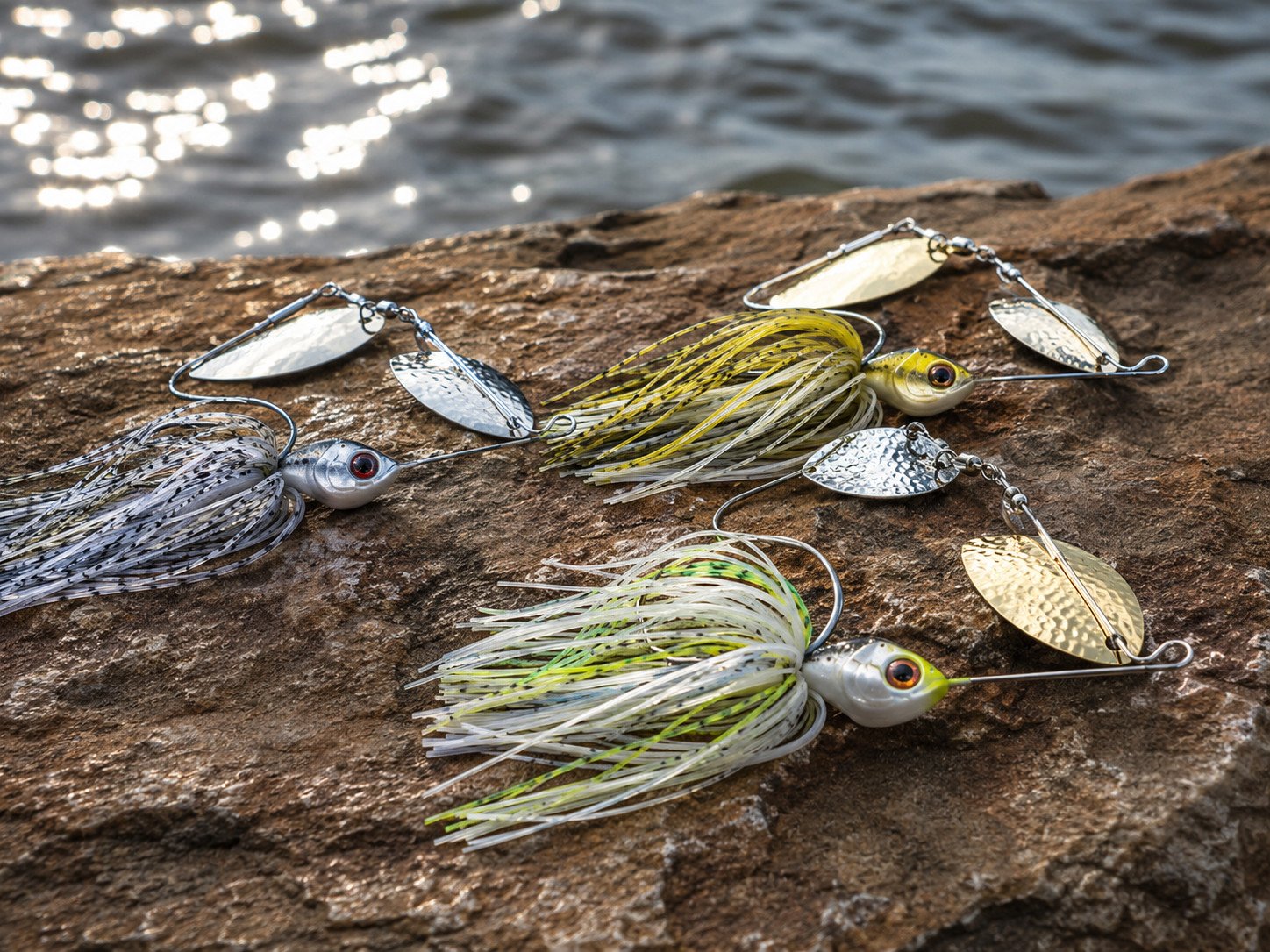 Bass spinnerbaits with silicone skirts and painted heads