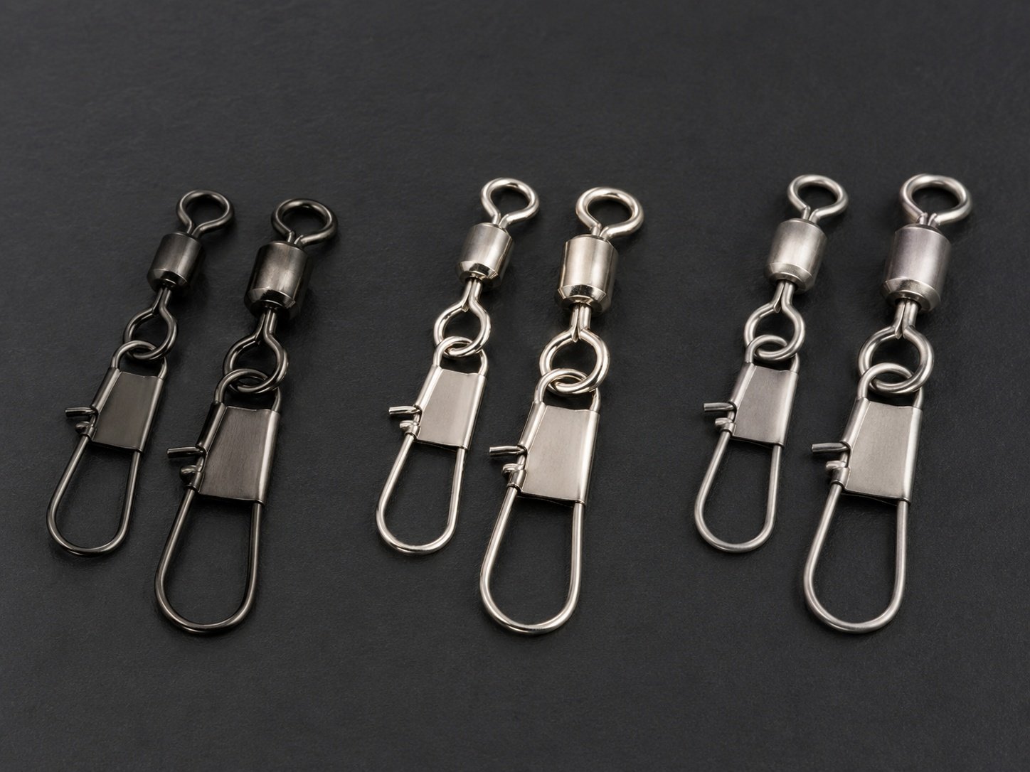 Black nickel fishing swivels and snaps with corrosion resistant finish