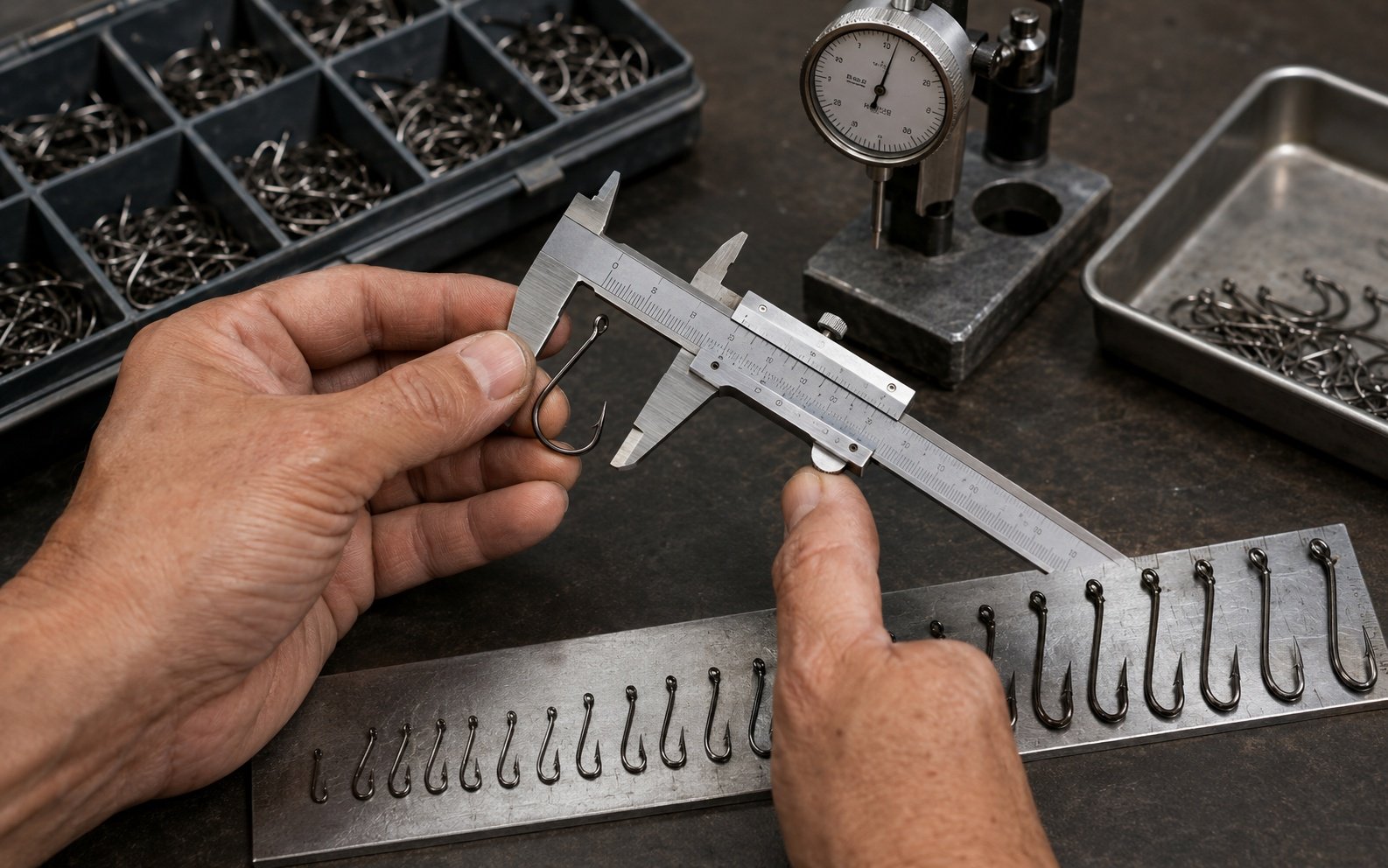 Fishing hook size measurement and quality control for OEM production
