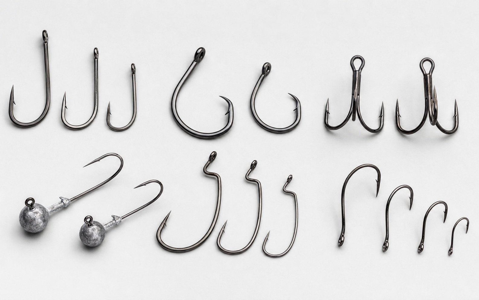 Common fishing hook types for OEM orders including J hooks treble hooks circle hooks and jig hooks