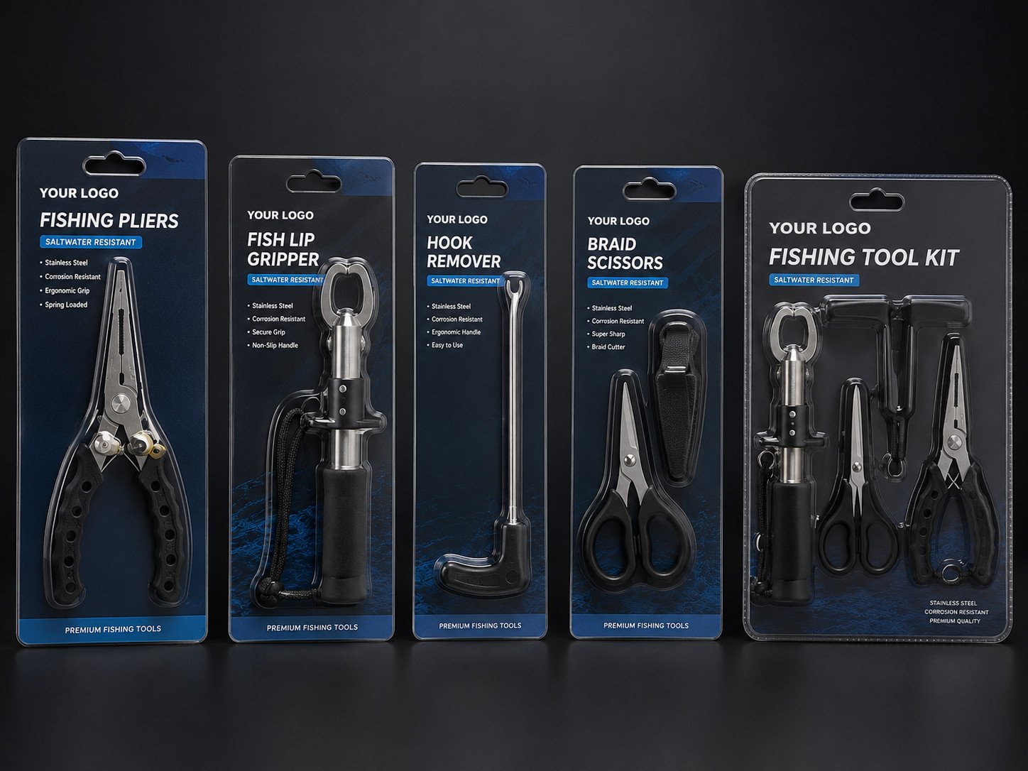 Private label fishing tool packaging with blister card retail display