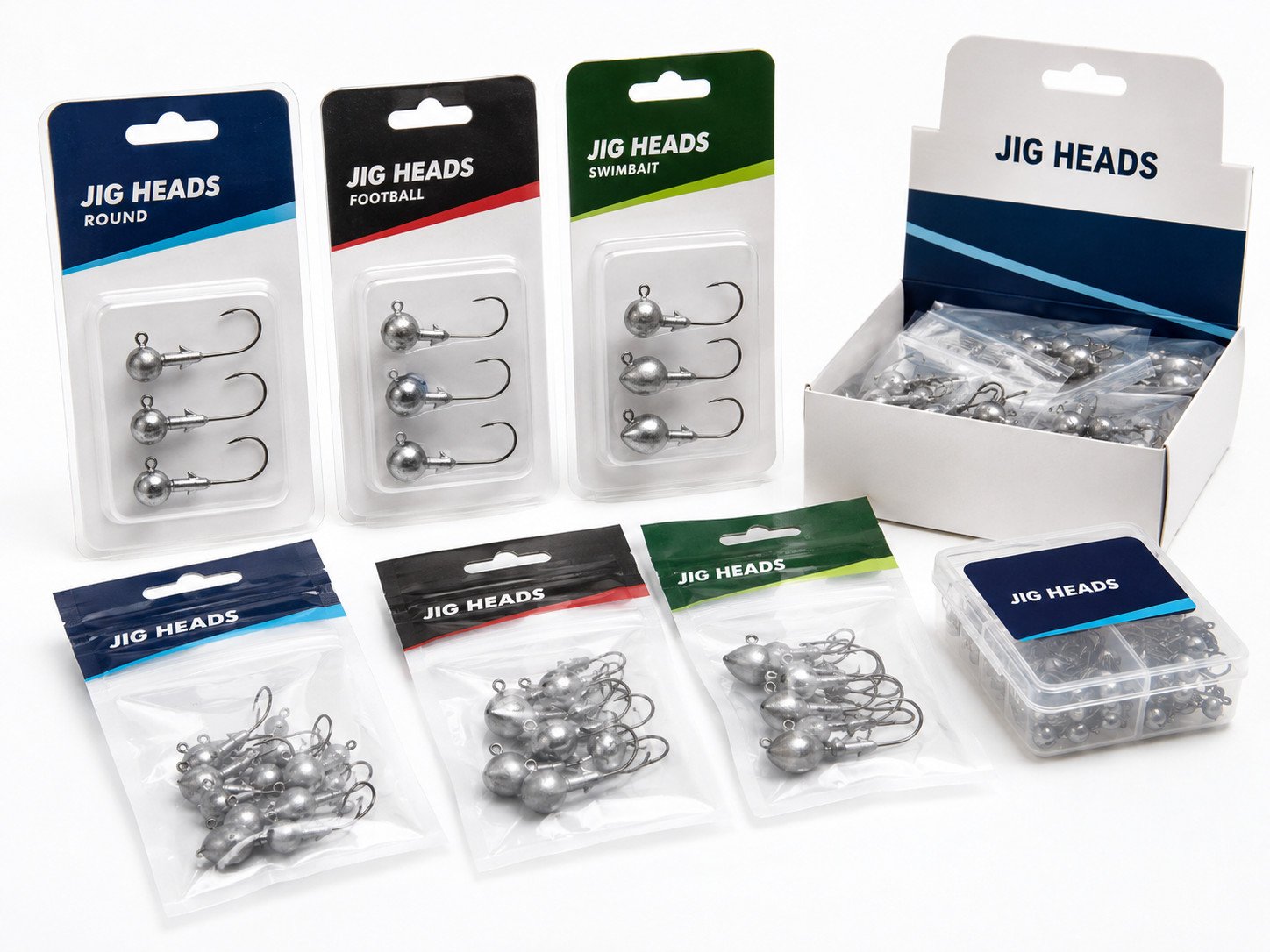 Jig head retail packaging with blister cards bags and private label display
