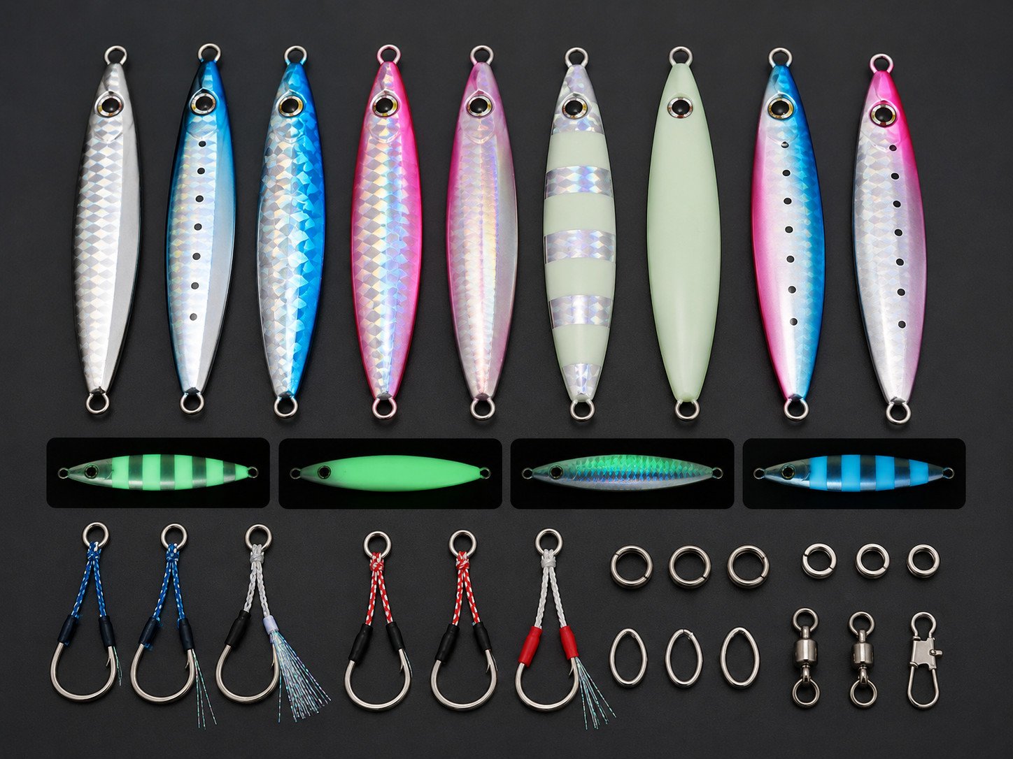 Jigging lure finish colors glow options and hook hardware for fishing tackle buyers