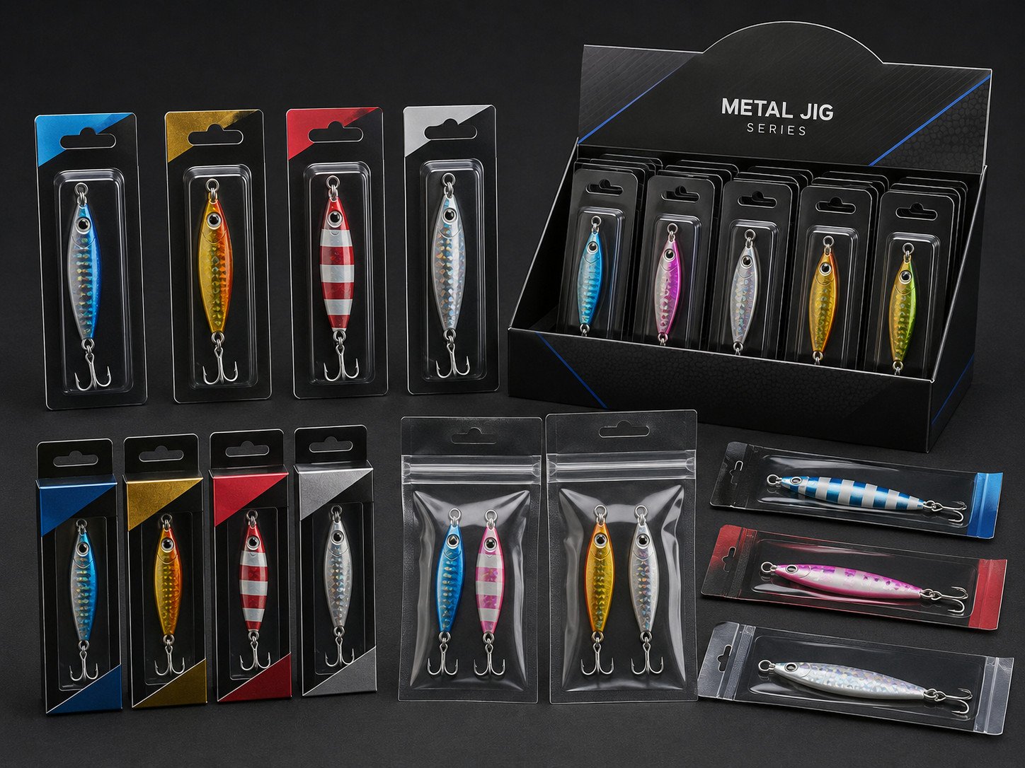 Jigging lure retail packaging with blister cards boxes bags and private label display