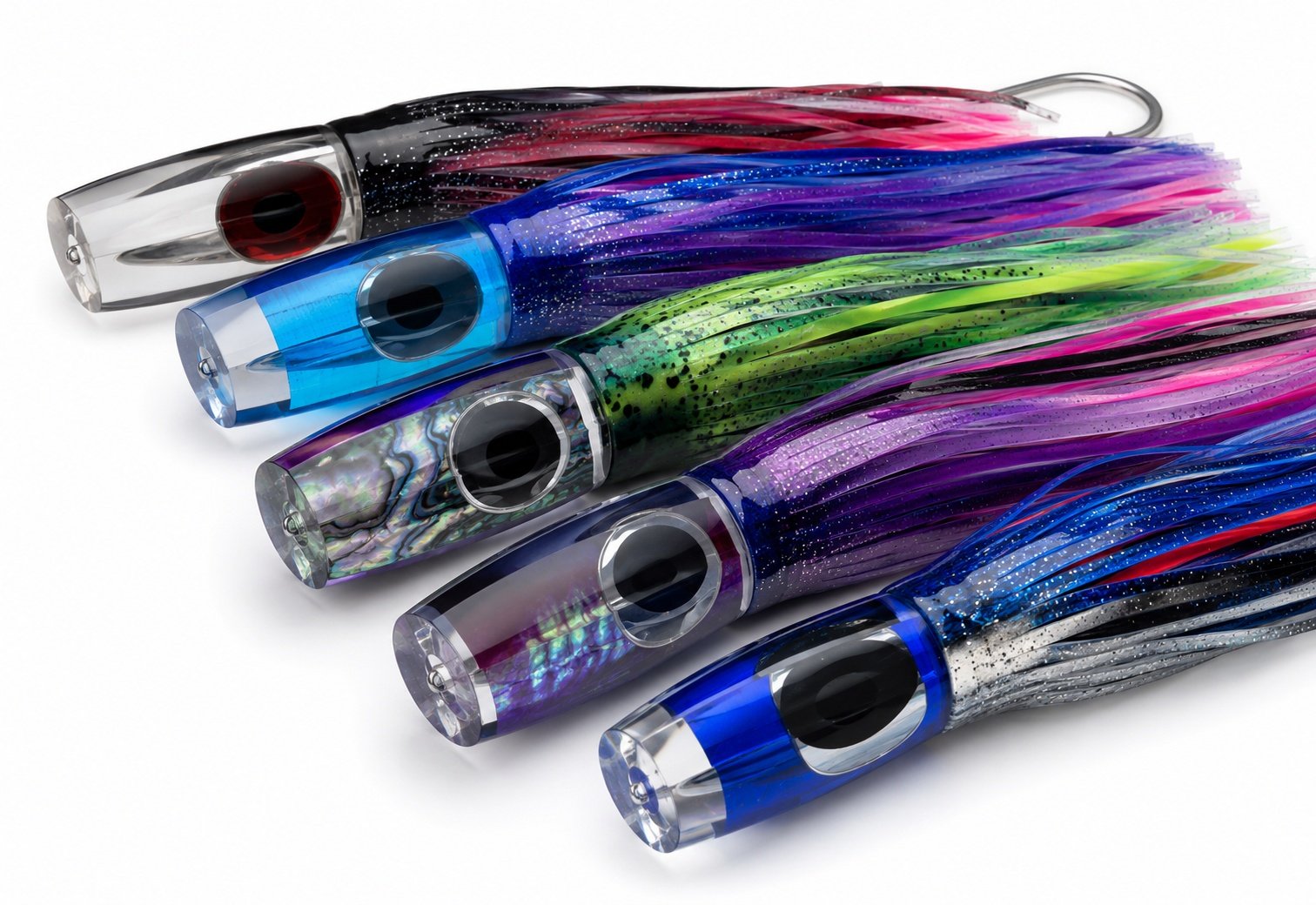 Marlin style trolling lures with large skirts and offshore heads
