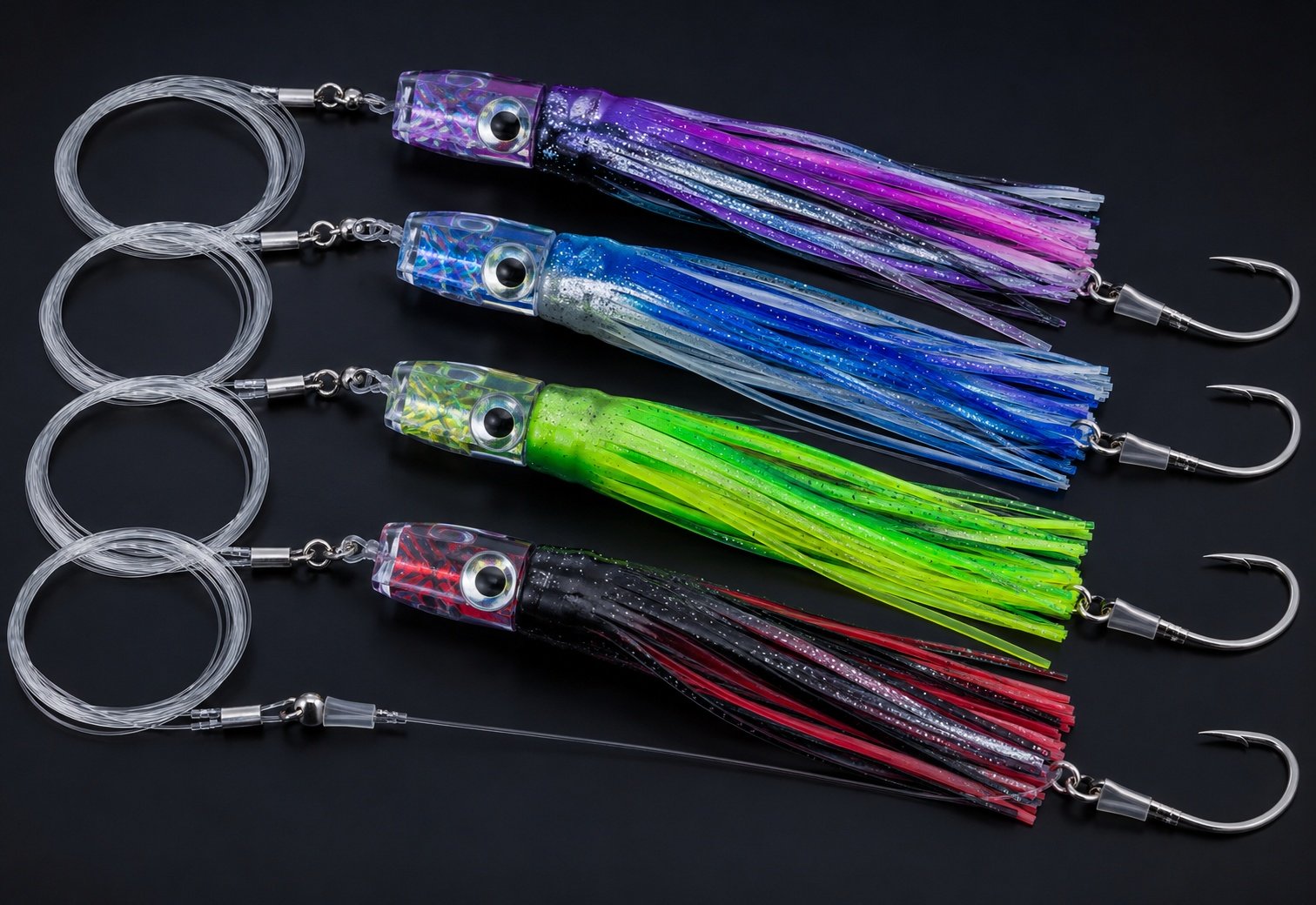 Rigged trolling lures with hooks leaders and skirts