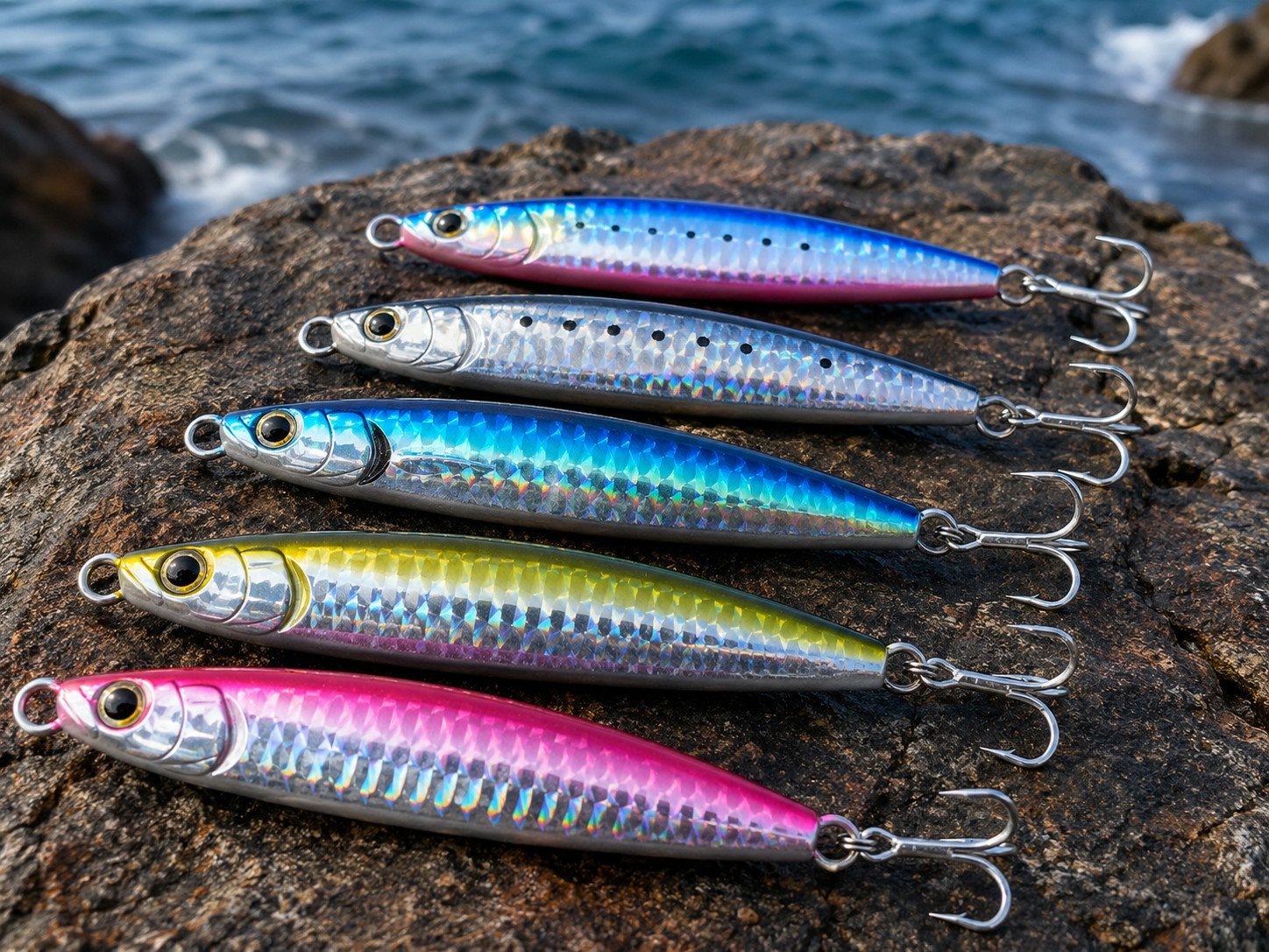 Shore jigging lures with metal body and reflective finish