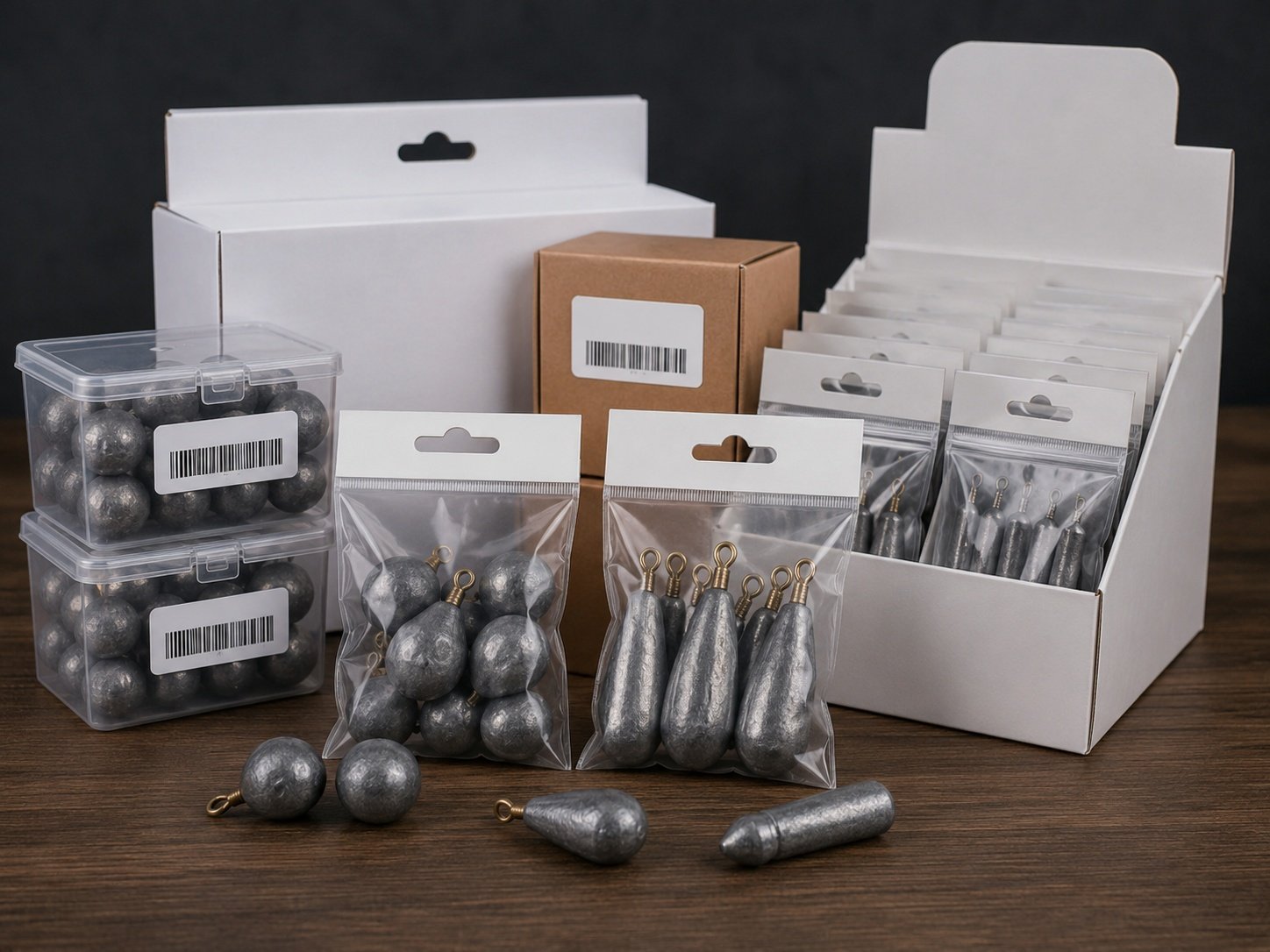 Sinker weight retail packaging with bags boxes labels and private label display