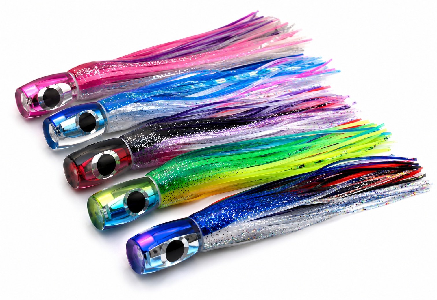 Skirted trolling lures with colorful skirts for offshore fishing