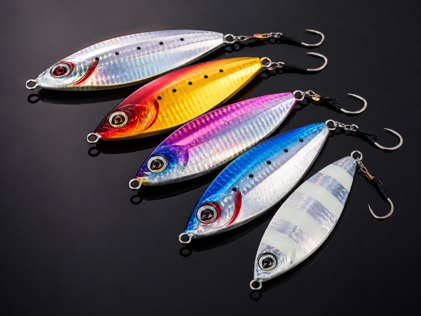 Slow pitch jigging lures with wide body profiles