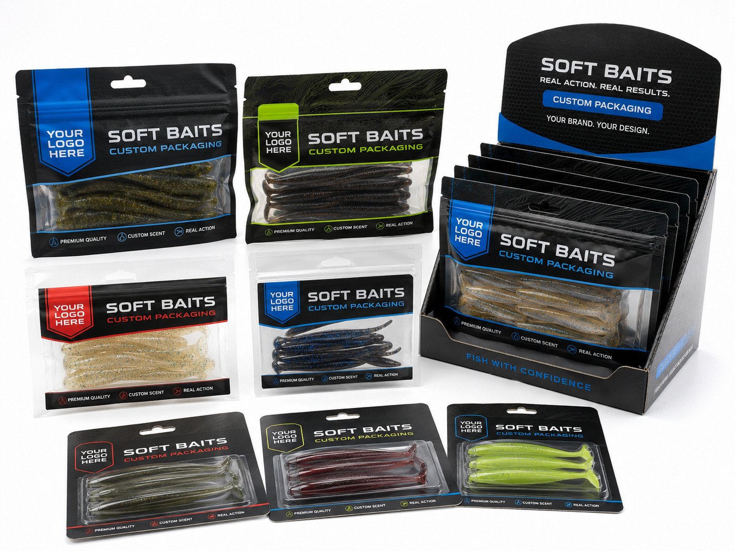 Private label soft bait packaging with printed bags insert cards and retail display