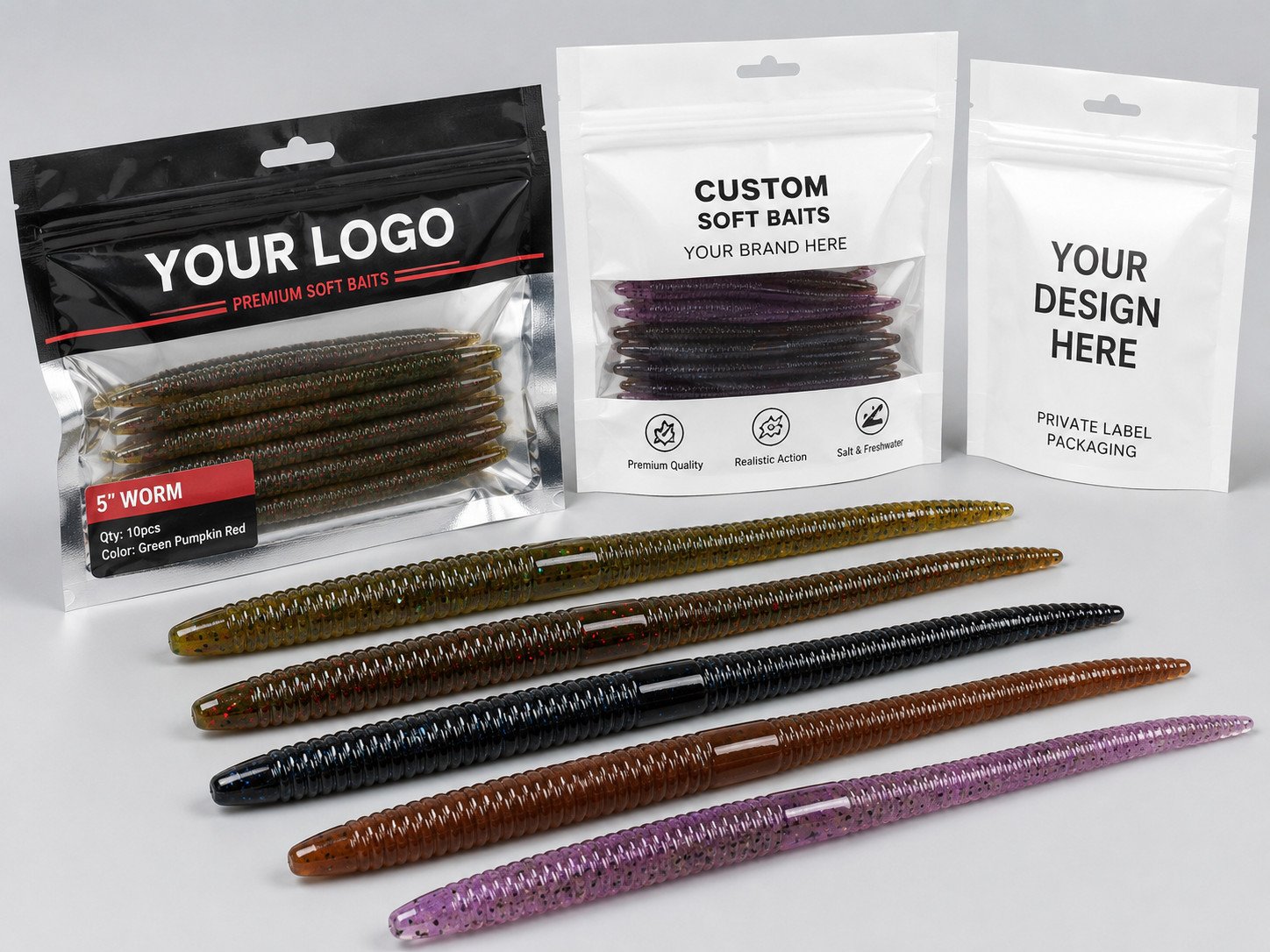 Soft plastic worms for freshwater fishing and private label packaging