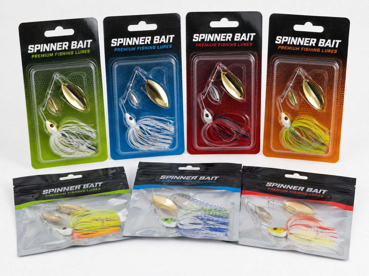 Spinnerbait retail packaging with blister cards bags and private label display