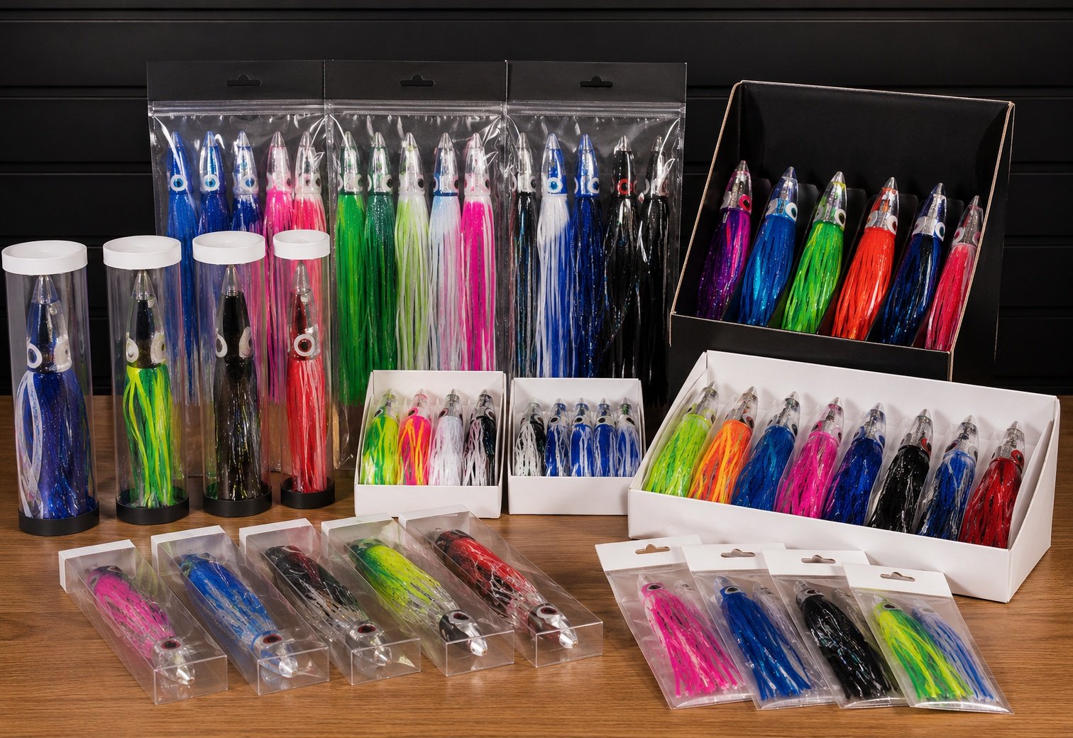 Trolling lure retail packaging with bags tubes boxes and private label display