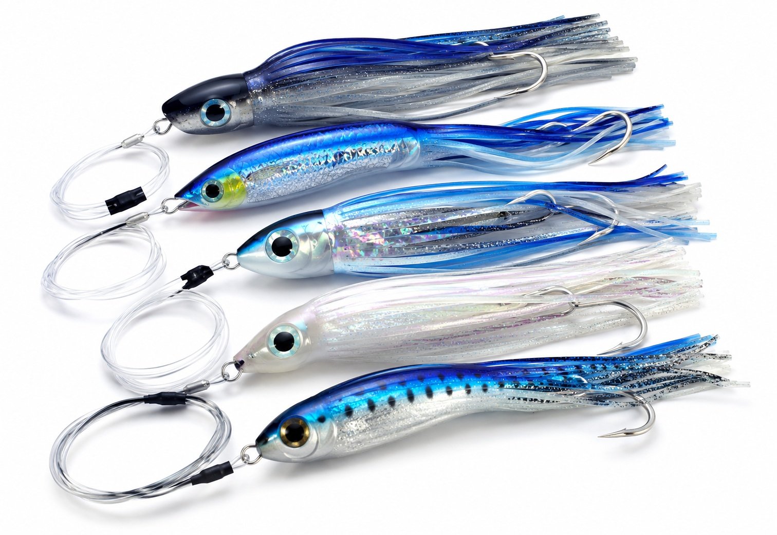 Tuna trolling lures with baitfish colors and strong rigging
