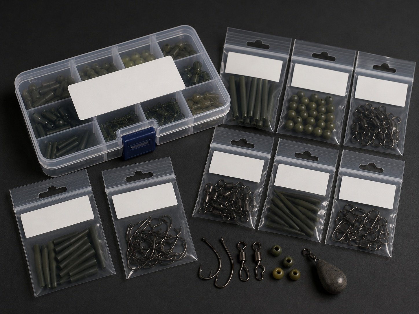 Carp fishing accessories retail packaging with bags labels boxes and private label display