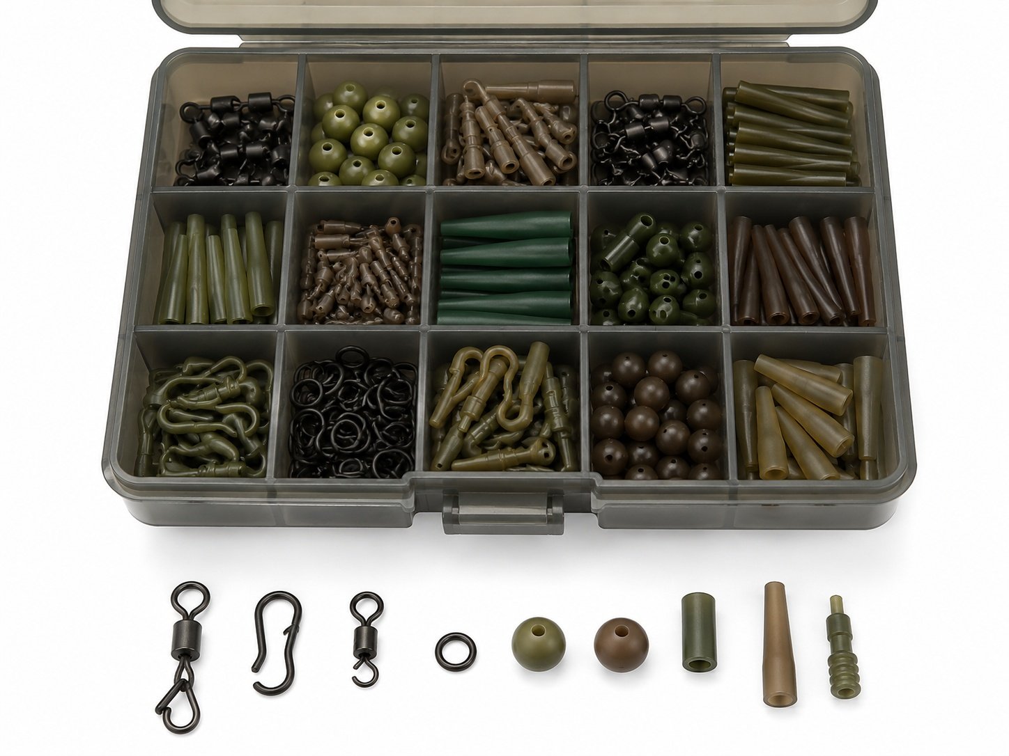 Carp rig accessory kits with clips sleeves beads and swivels