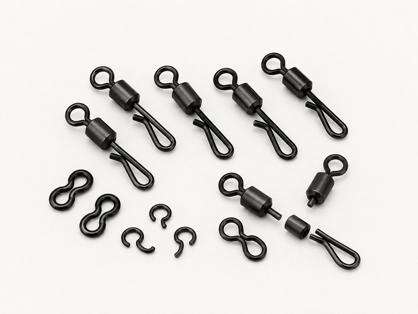 Carp swivels quick change clips and rig connectors