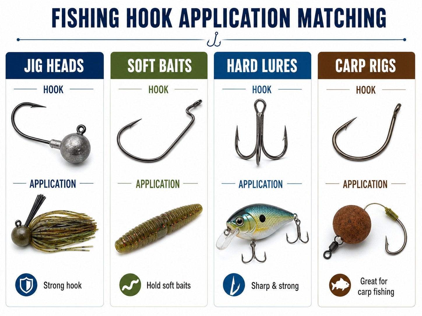 Fishing hook application matching for jig heads soft baits hard lures and carp rigs