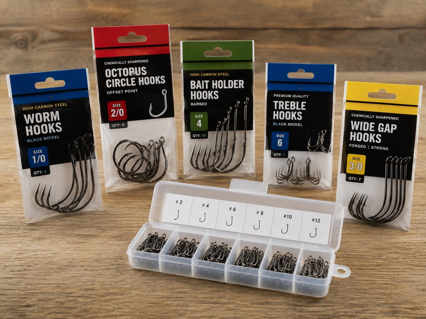 Fishing hook retail packaging with bags blister cards boxes and private label display