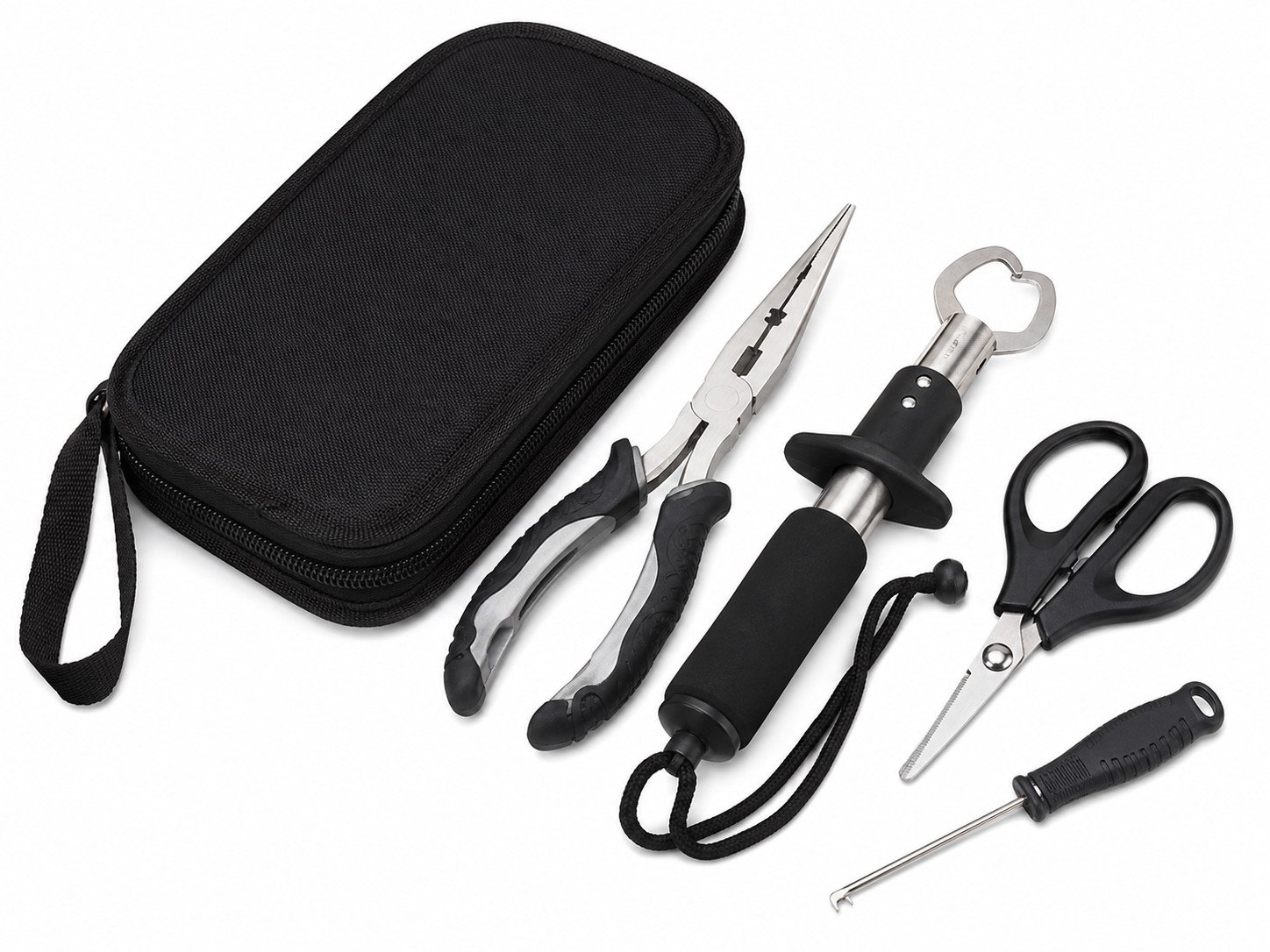 Fishing tool kits with pliers scissors grippers and accessories