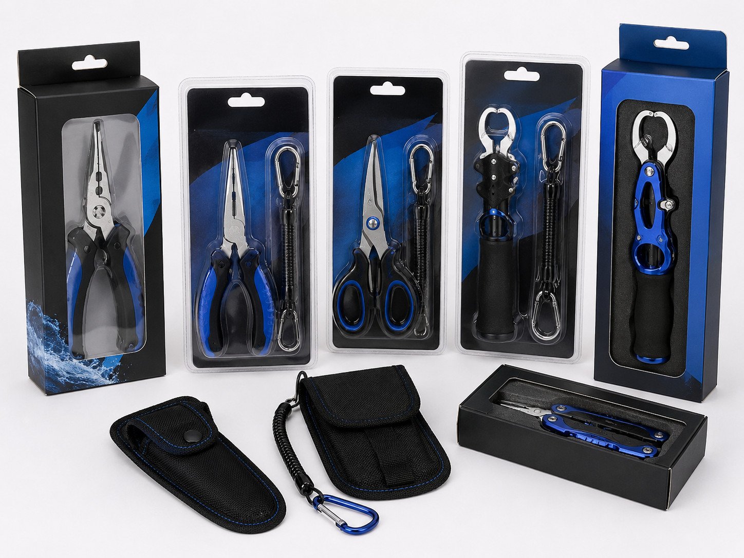 Fishing tool retail packaging with blister cards boxes pouches and private label display