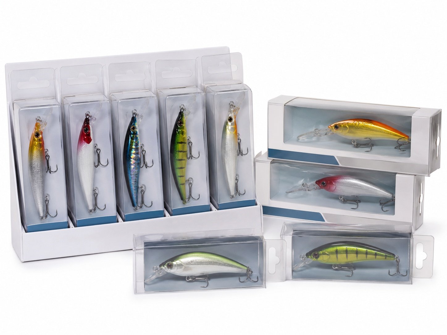 Hard bait retail packaging with blister cards boxes and private label display