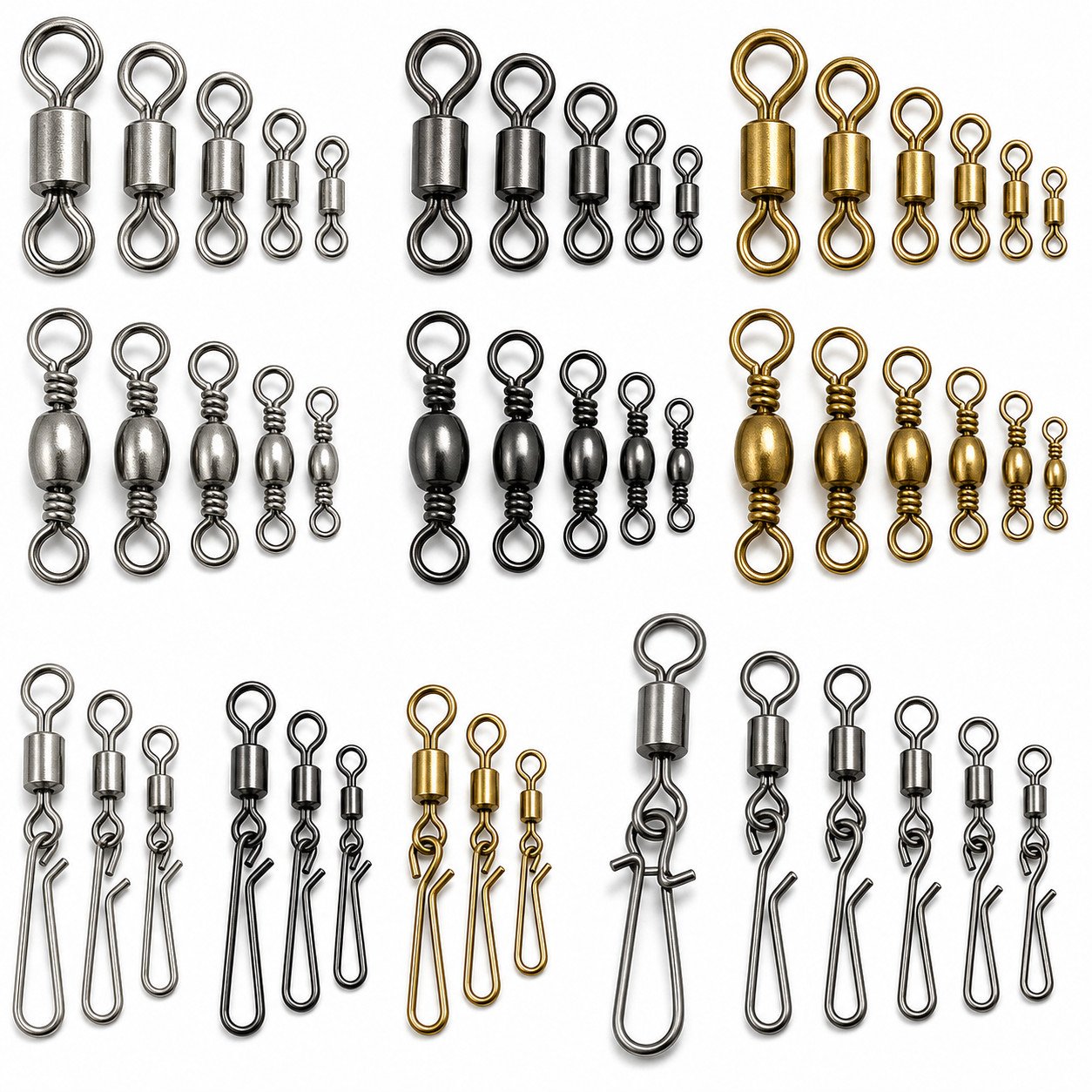 Swivel and snap size finish and application options for fishing tackle buyers