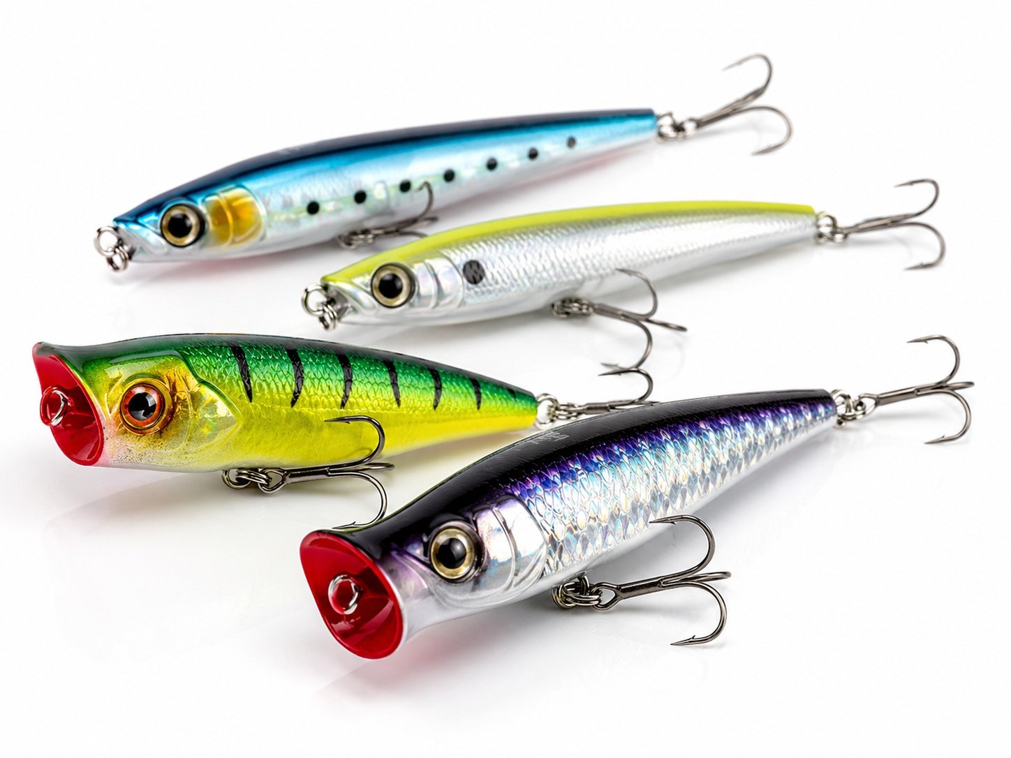 Topwater hard baits including poppers and walking baits