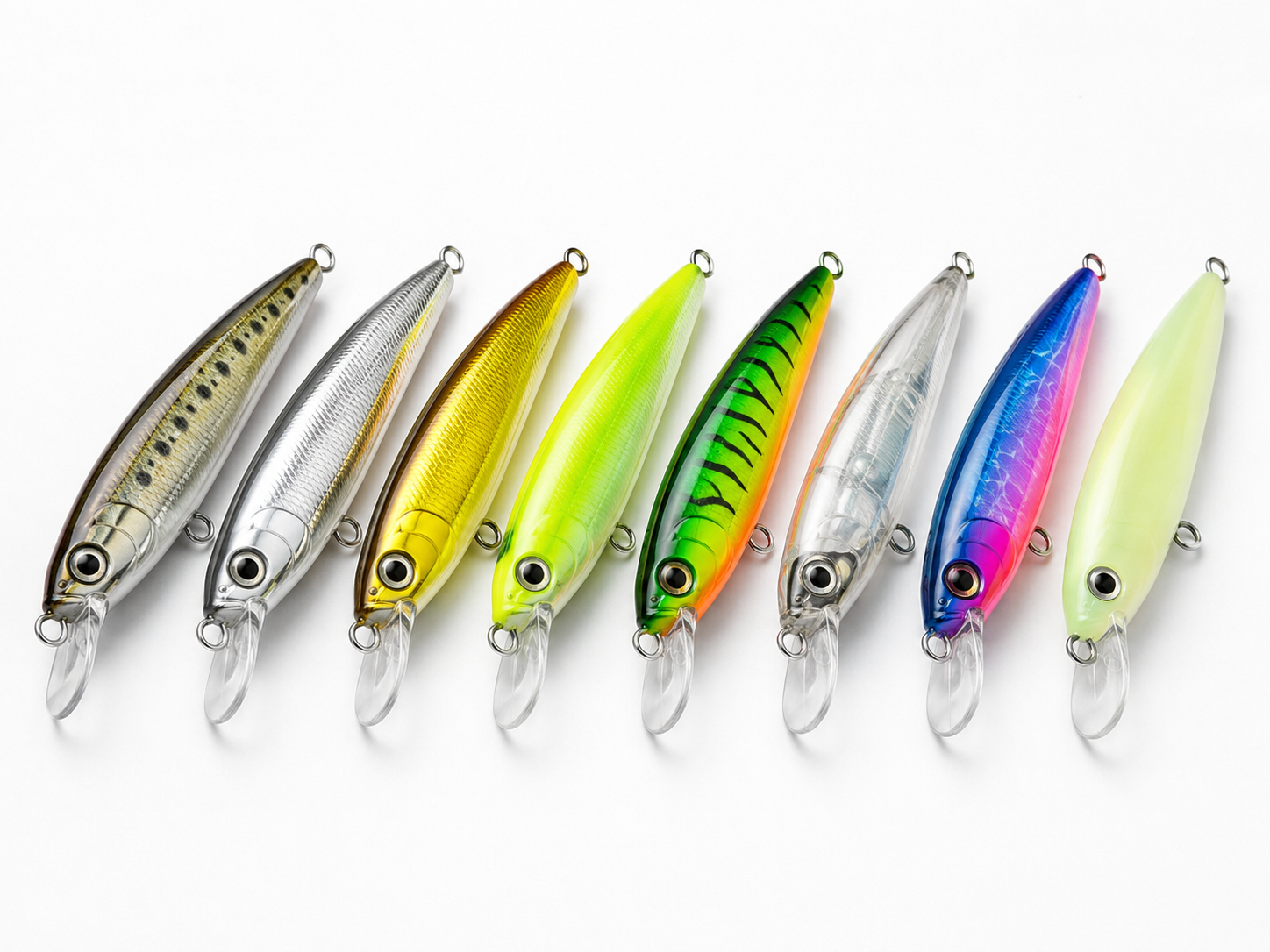 Hard bait painting color samples including natural UV glow and custom lure patterns